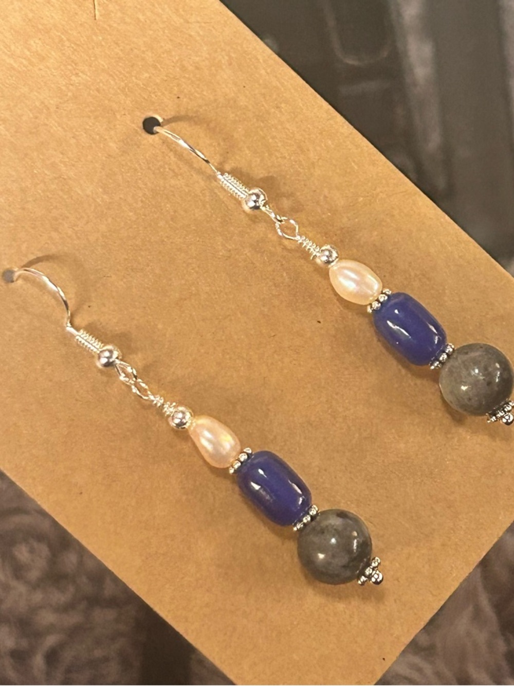 Handcrafted larvikite royal blue cat eye glass barrel genuine pearl earrings